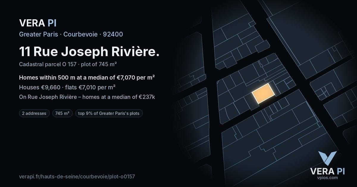 11 Rue Joseph Rivière, Courbevoie at night – the plot lit, the parcels around coloured by the prices near them