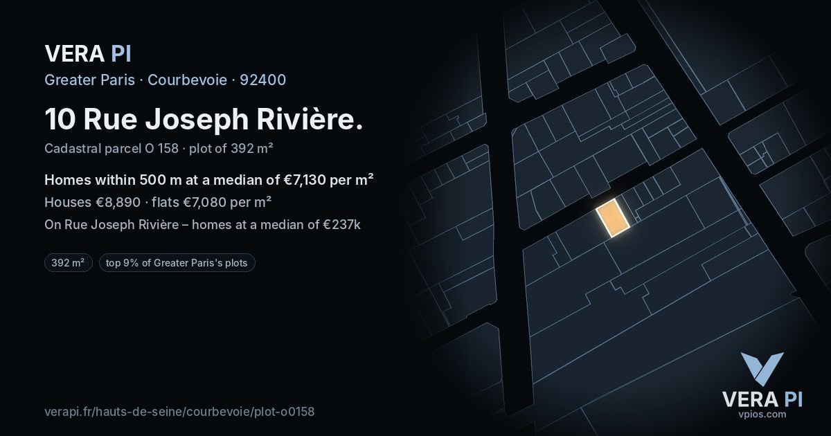 10 Rue Joseph Rivière, Courbevoie at night – the plot lit, the parcels around coloured by the prices near them