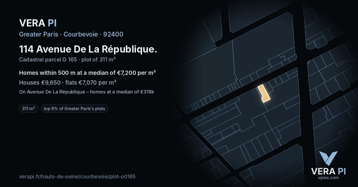 114 Avenue De La République, Courbevoie at night – the plot lit, the parcels around coloured by the prices near them
