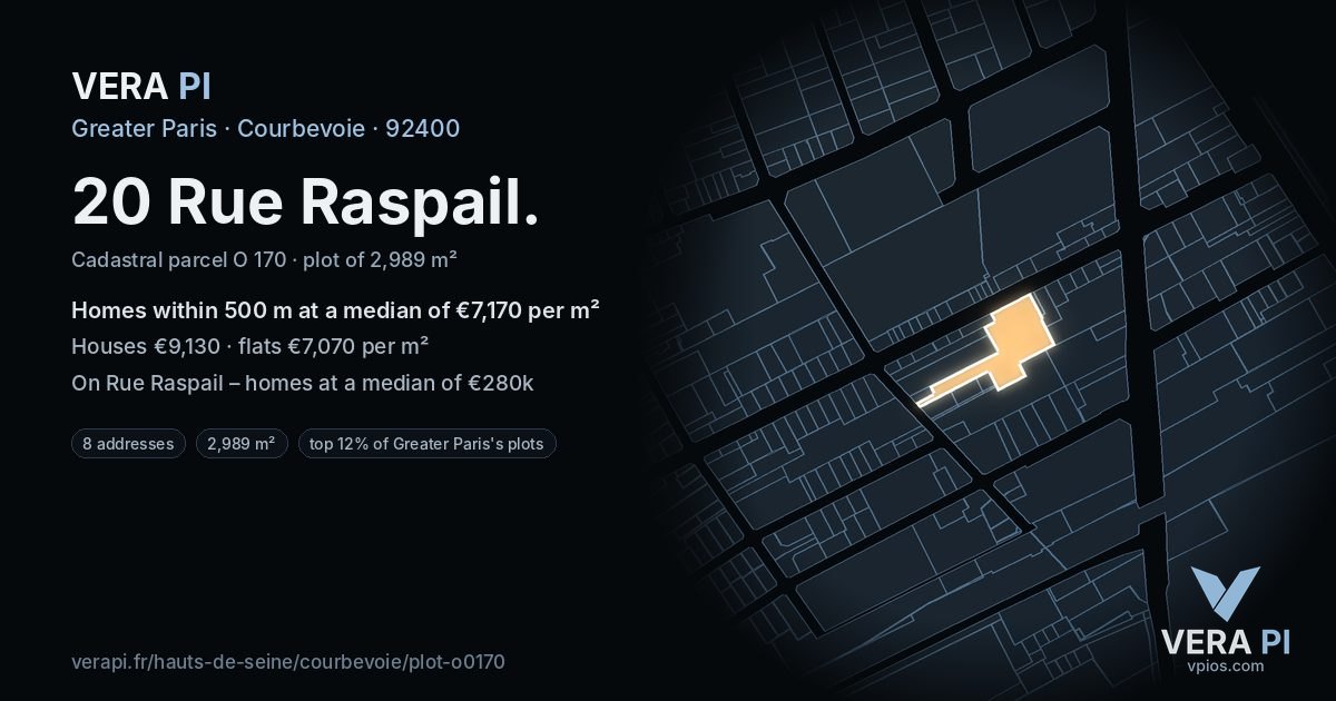 20 Rue Raspail, Courbevoie at night – the plot lit, the parcels around coloured by the prices near them