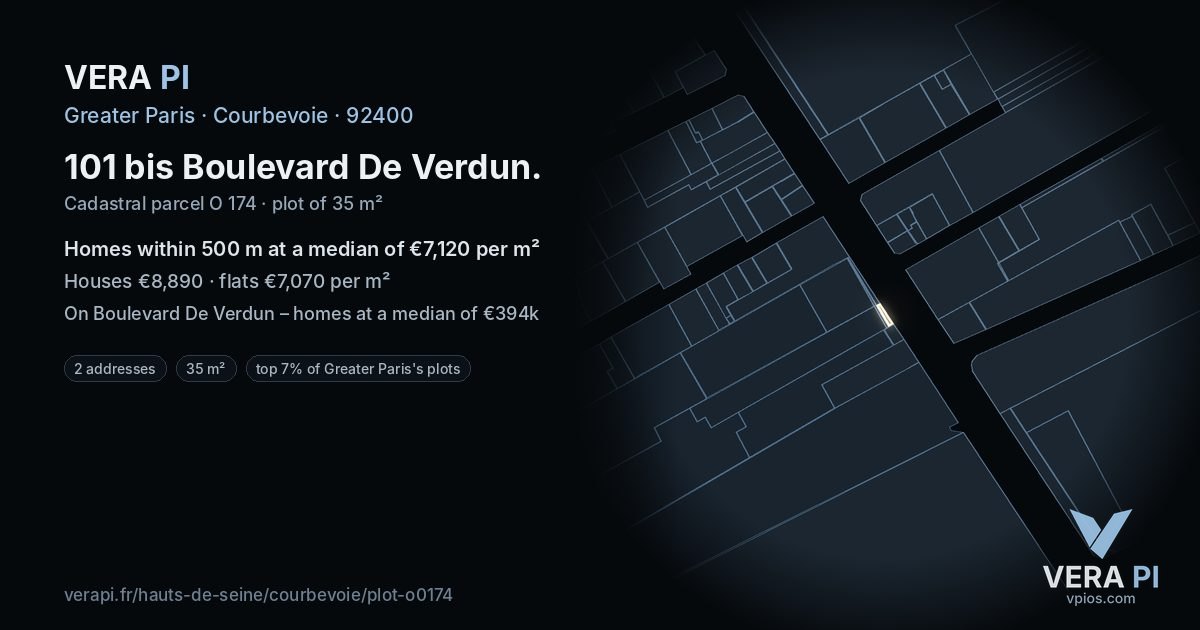 101 bis Boulevard De Verdun, Courbevoie at night – the plot lit, the parcels around coloured by the prices near them