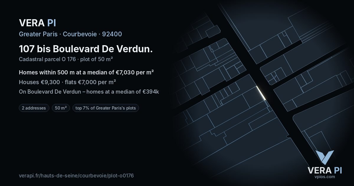 107 bis Boulevard De Verdun, Courbevoie at night – the plot lit, the parcels around coloured by the prices near them