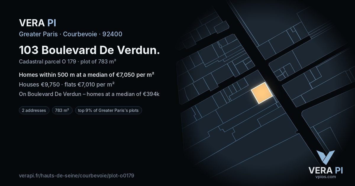 103 Boulevard De Verdun, Courbevoie at night – the plot lit, the parcels around coloured by the prices near them