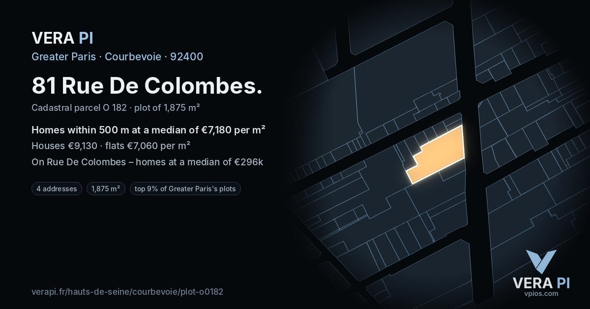 81 Rue De Colombes, Courbevoie at night – the plot lit, the parcels around coloured by the prices near them