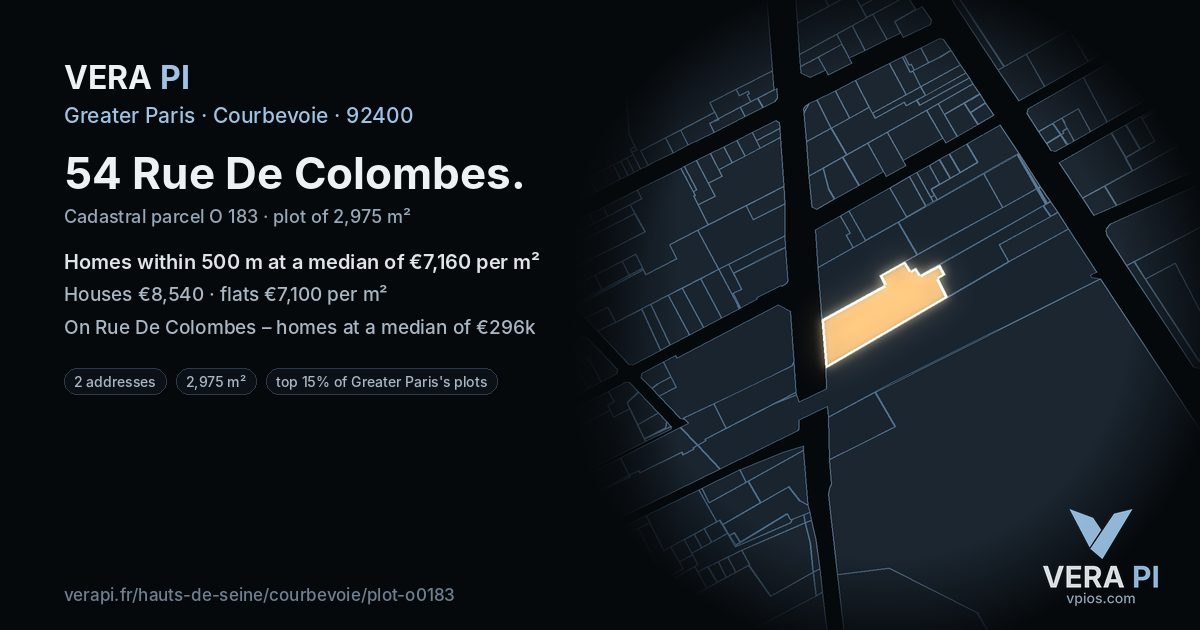 54 Rue De Colombes, Courbevoie at night – the plot lit, the parcels around coloured by the prices near them