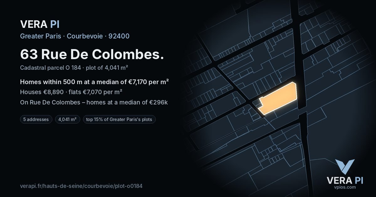 63 Rue De Colombes, Courbevoie at night – the plot lit, the parcels around coloured by the prices near them