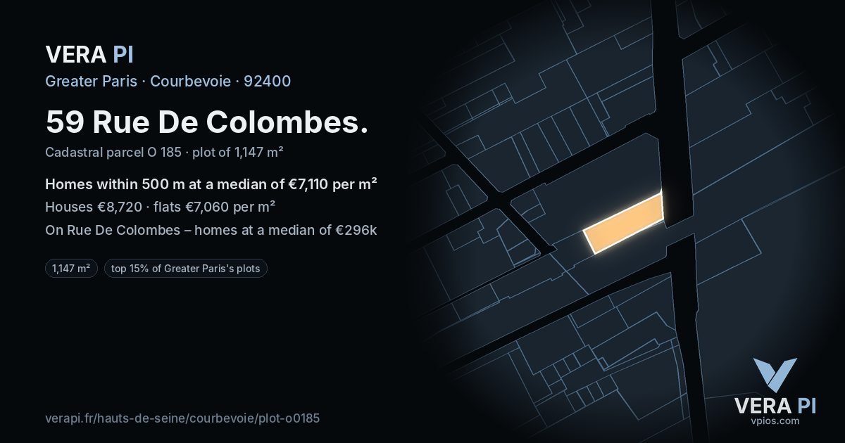 59 Rue De Colombes, Courbevoie at night – the plot lit, the parcels around coloured by the prices near them
