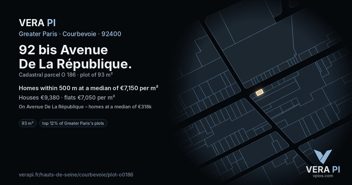 92 bis Avenue De La République, Courbevoie at night – the plot lit, the parcels around coloured by the prices near them