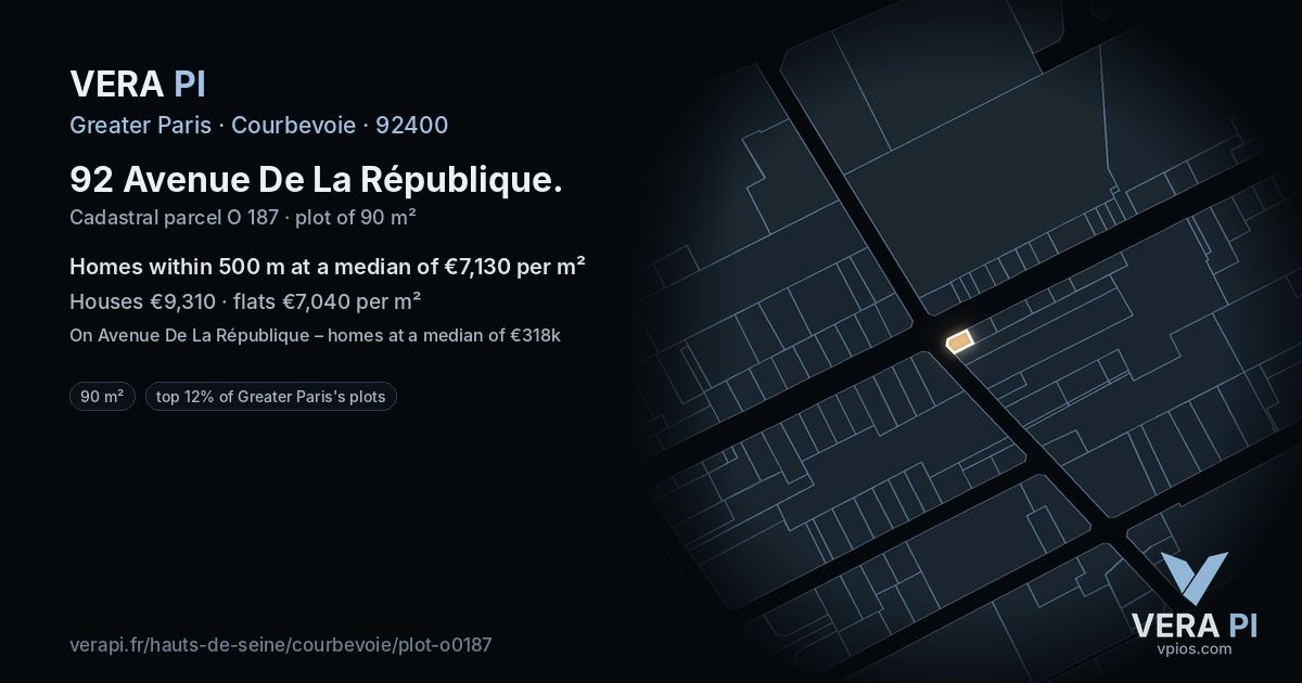 92 Avenue De La République, Courbevoie at night – the plot lit, the parcels around coloured by the prices near them