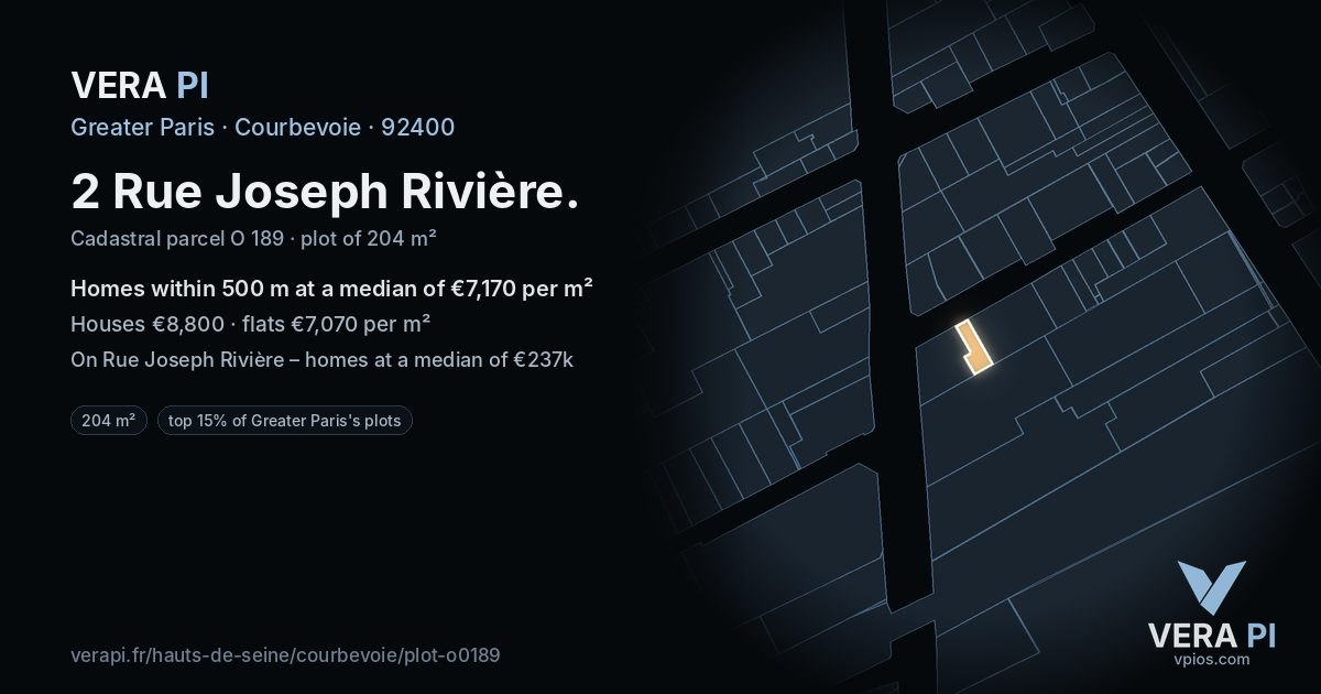 2 Rue Joseph Rivière, Courbevoie at night – the plot lit, the parcels around coloured by the prices near them