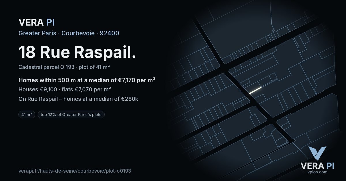 18 Rue Raspail, Courbevoie at night – the plot lit, the parcels around coloured by the prices near them