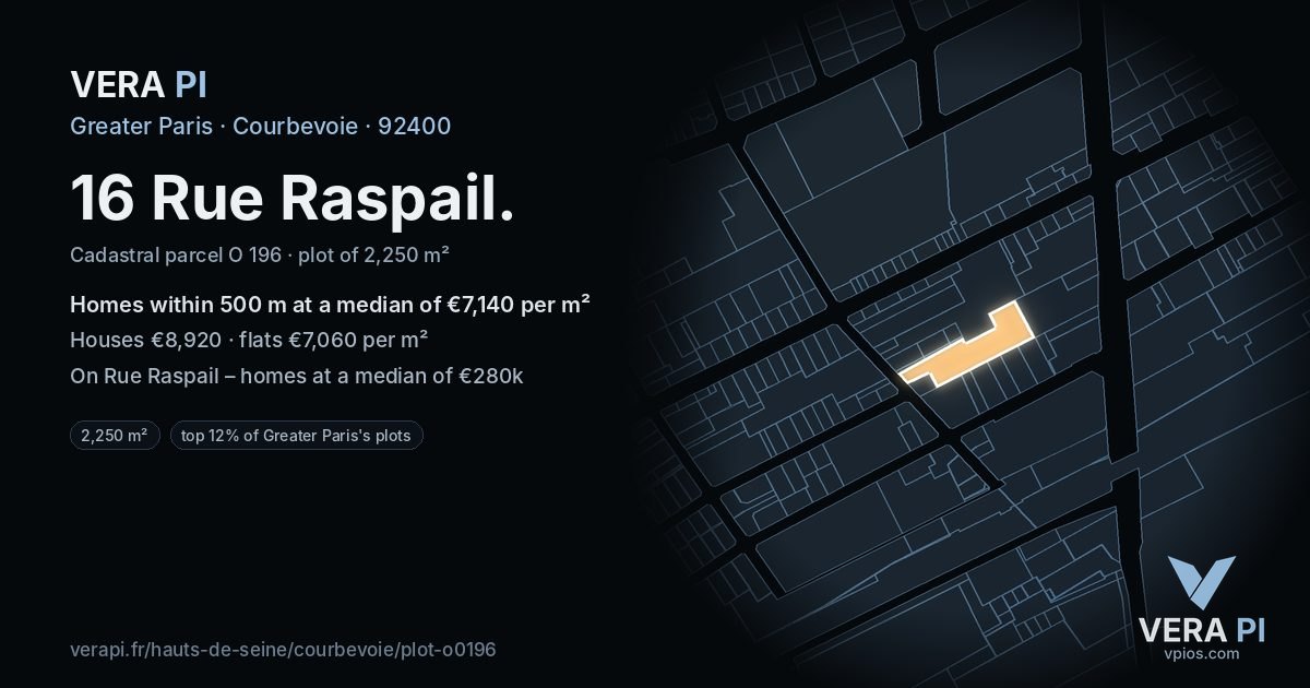 16 Rue Raspail, Courbevoie at night – the plot lit, the parcels around coloured by the prices near them