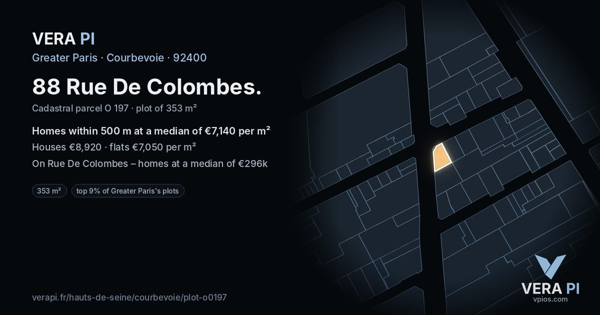 88 Rue De Colombes, Courbevoie at night – the plot lit, the parcels around coloured by the prices near them