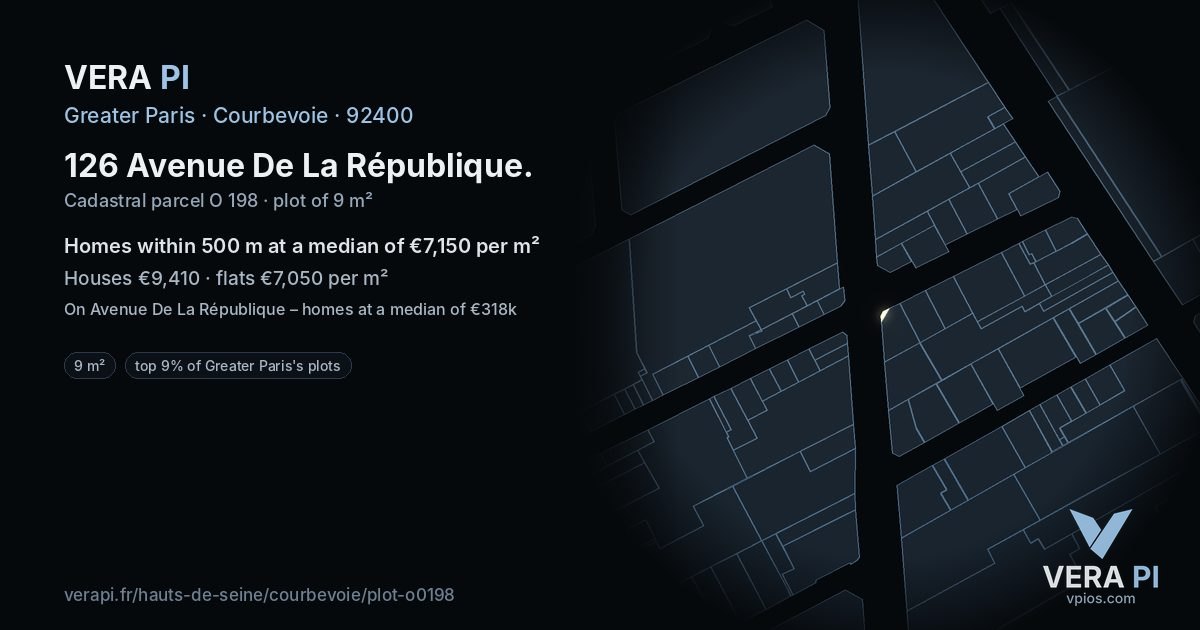 126 Avenue De La République, Courbevoie at night – the plot lit, the parcels around coloured by the prices near them