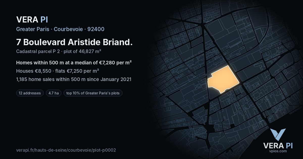 7 Boulevard Aristide Briand, Courbevoie at night – the plot lit, the parcels around coloured by the prices near them