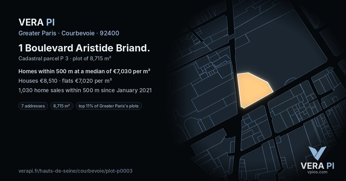 1 Boulevard Aristide Briand, Courbevoie at night – the plot lit, the parcels around coloured by the prices near them