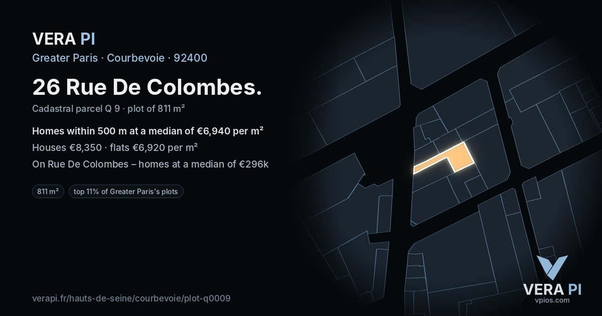 26 Rue De Colombes, Courbevoie at night – the plot lit, the parcels around coloured by the prices near them
