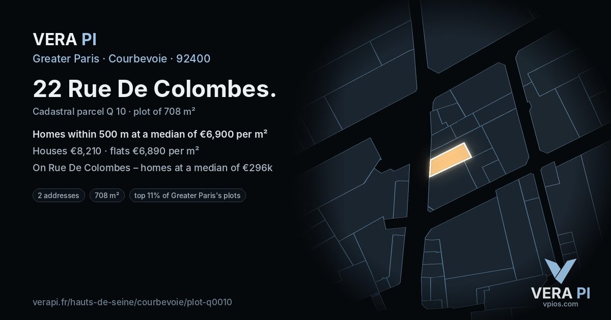 22 Rue De Colombes, Courbevoie at night – the plot lit, the parcels around coloured by the prices near them