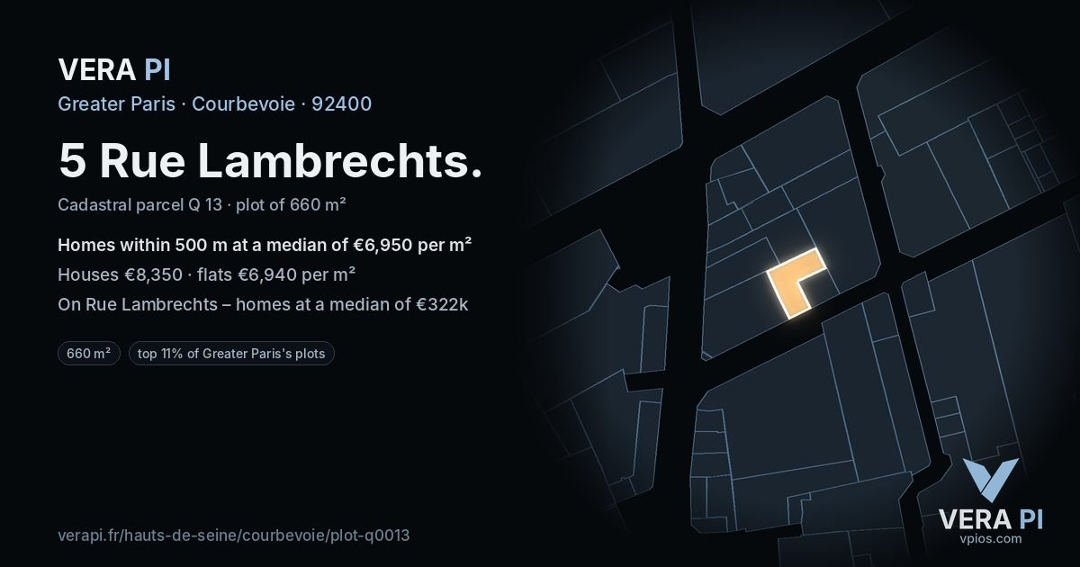 5 Rue Lambrechts, Courbevoie at night – the plot lit, the parcels around coloured by the prices near them