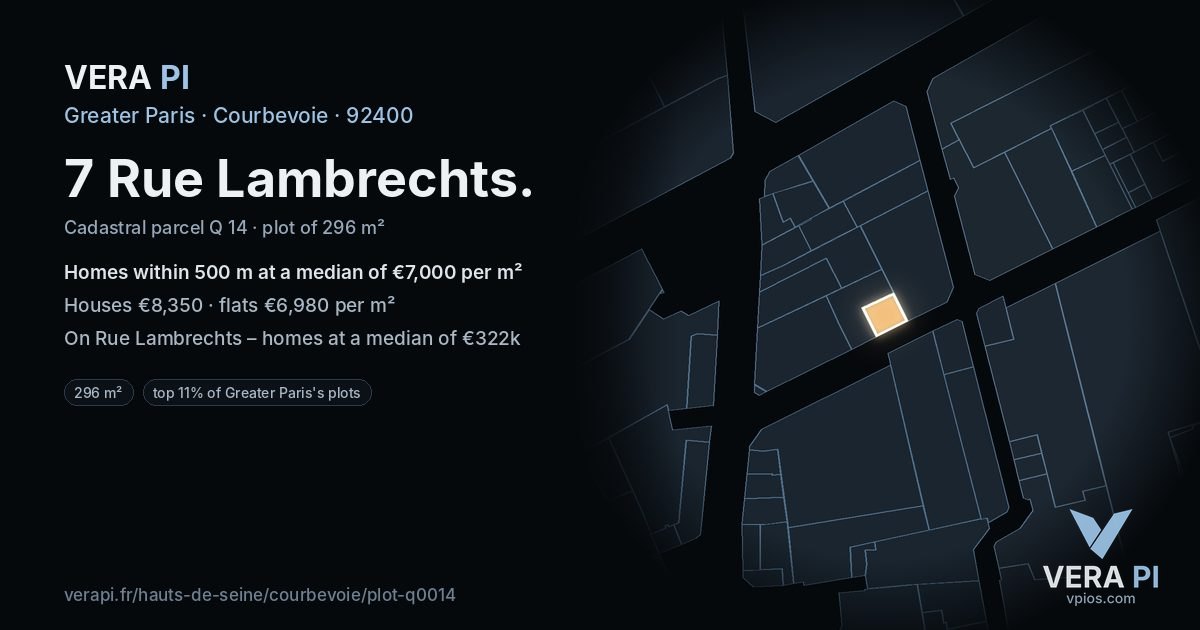 7 Rue Lambrechts, Courbevoie at night – the plot lit, the parcels around coloured by the prices near them