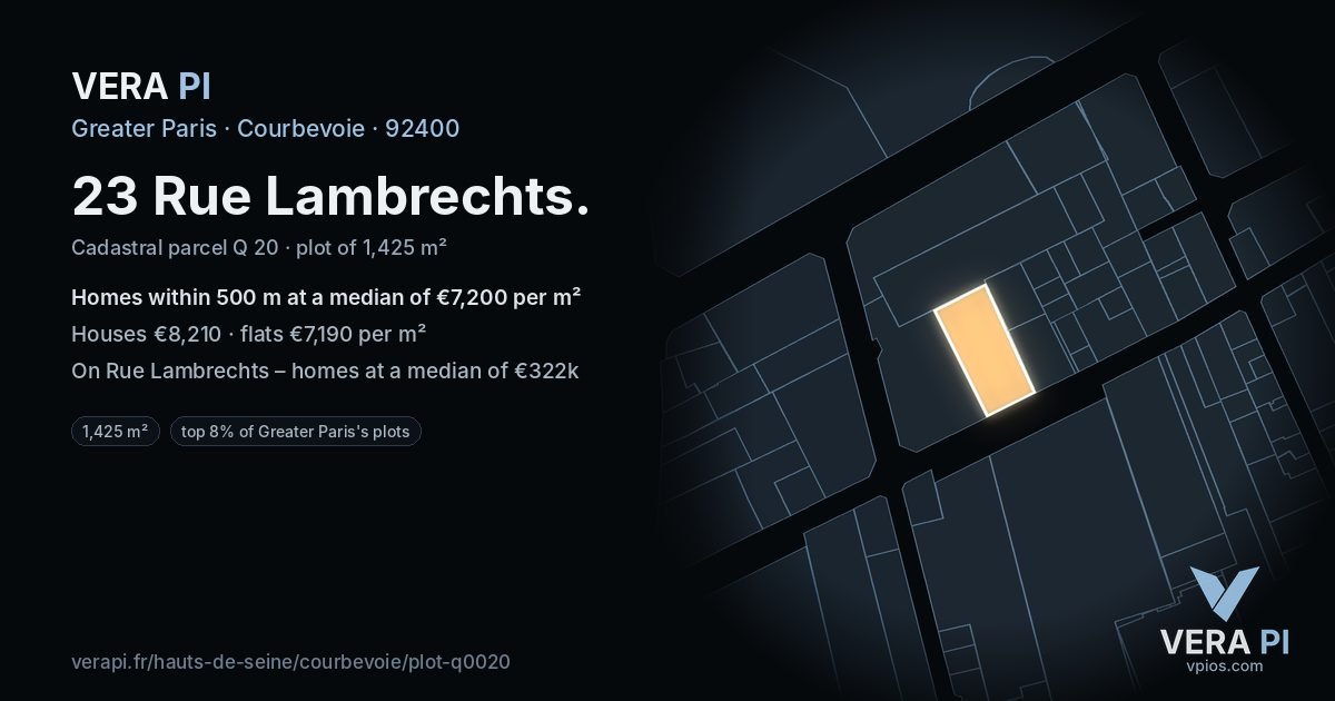 23 Rue Lambrechts, Courbevoie at night – the plot lit, the parcels around coloured by the prices near them