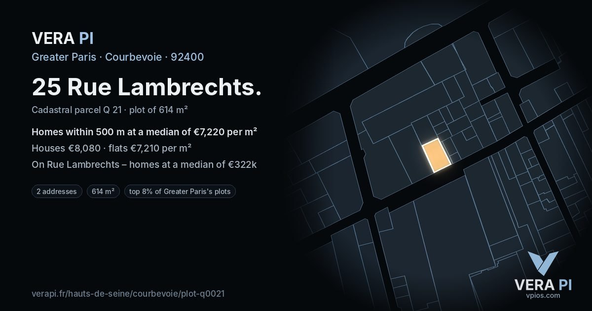 25 Rue Lambrechts, Courbevoie at night – the plot lit, the parcels around coloured by the prices near them