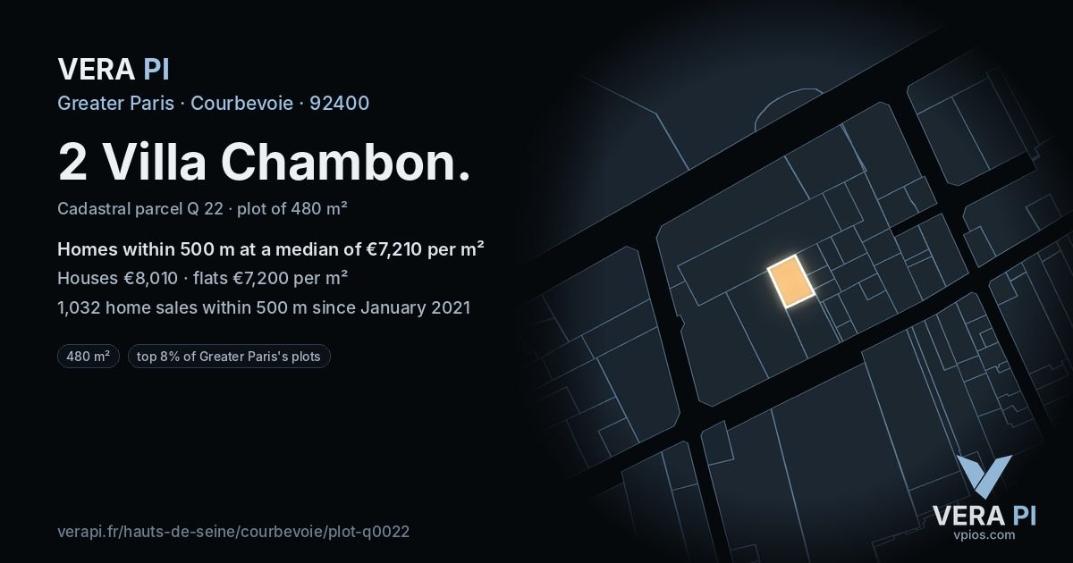 2 Villa Chambon, Courbevoie at night – the plot lit, the parcels around coloured by the prices near them