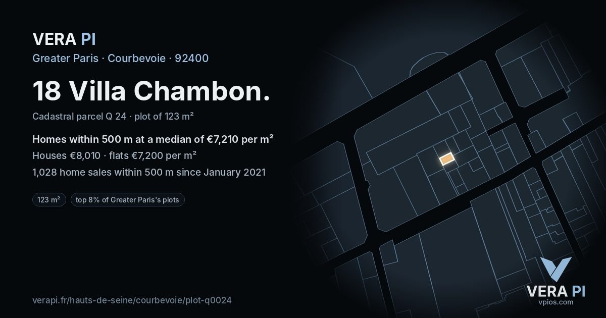 18 Villa Chambon, Courbevoie at night – the plot lit, the parcels around coloured by the prices near them