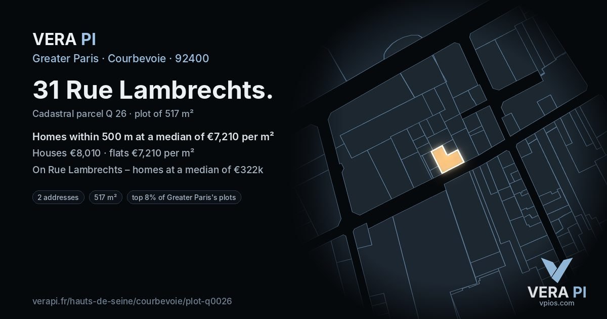 31 Rue Lambrechts, Courbevoie at night – the plot lit, the parcels around coloured by the prices near them