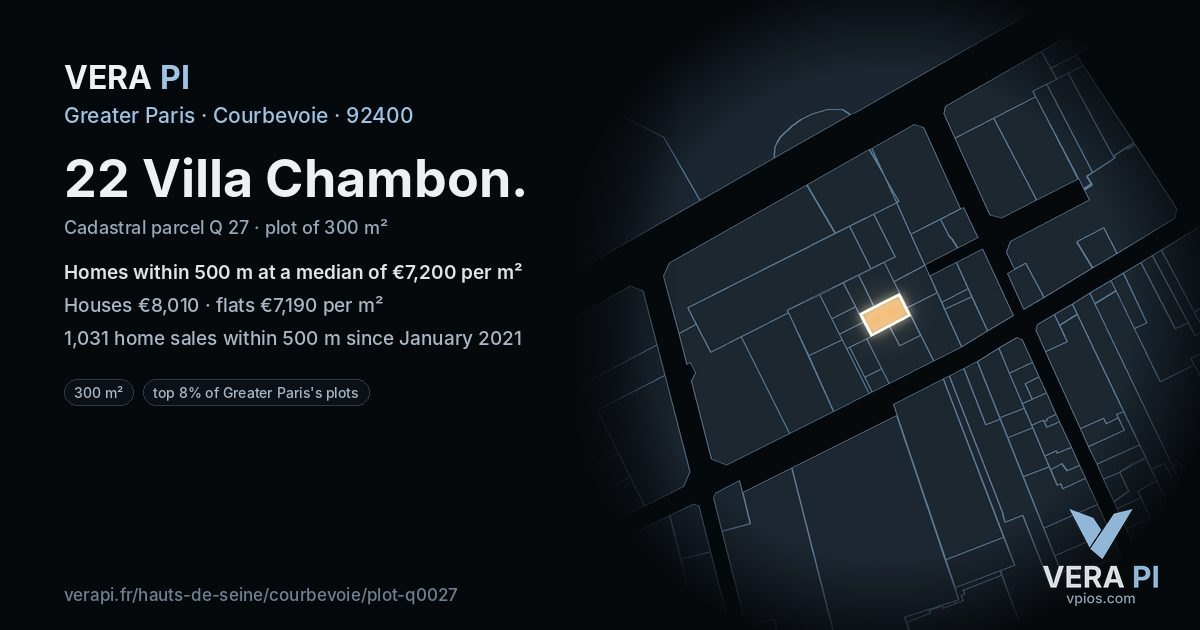 22 Villa Chambon, Courbevoie at night – the plot lit, the parcels around coloured by the prices near them