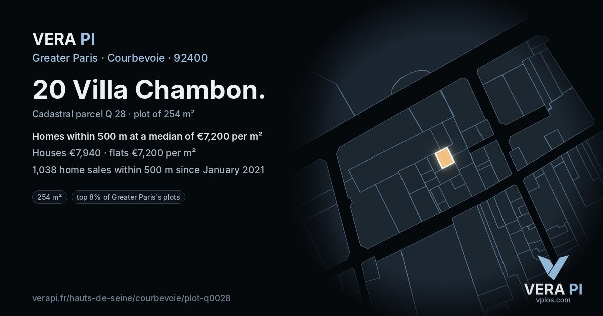 20 Villa Chambon, Courbevoie at night – the plot lit, the parcels around coloured by the prices near them