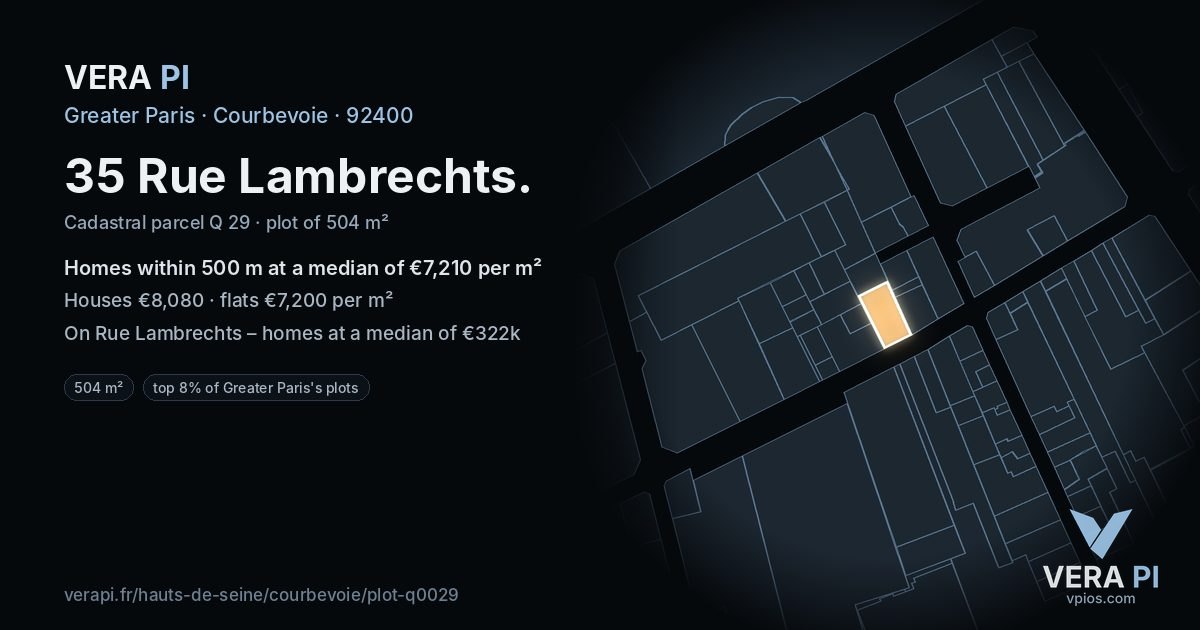 35 Rue Lambrechts, Courbevoie at night – the plot lit, the parcels around coloured by the prices near them