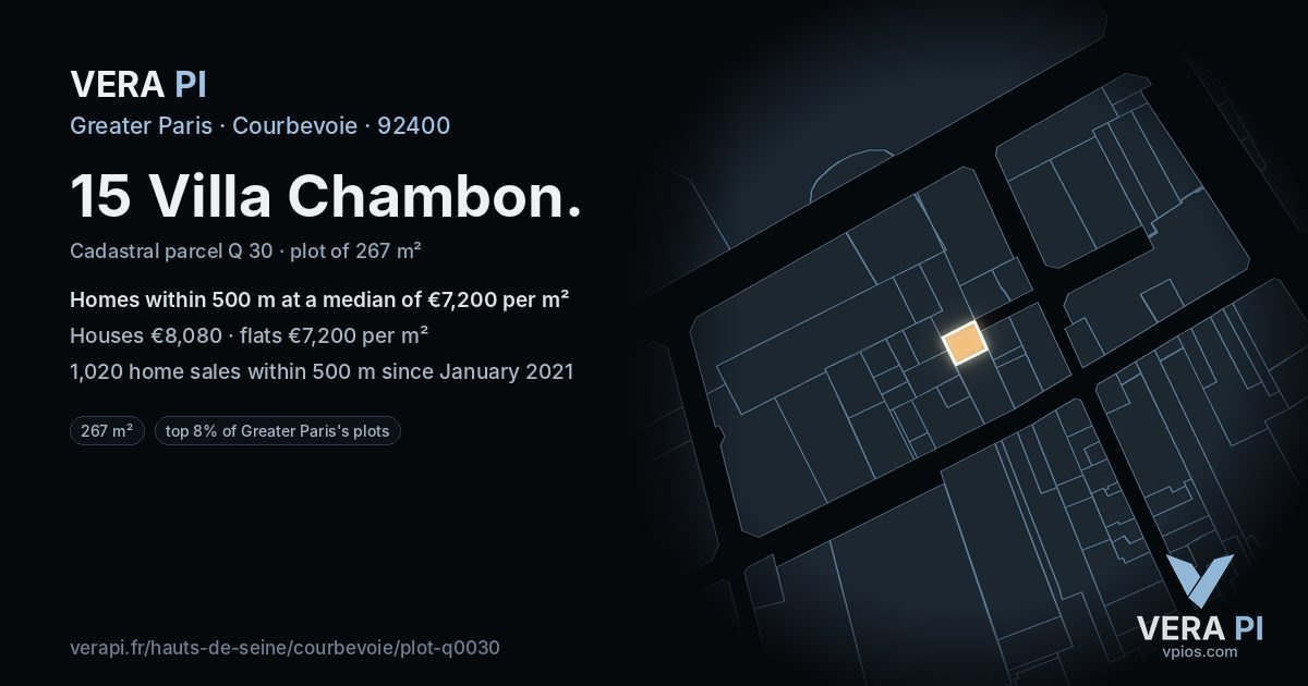 15 Villa Chambon, Courbevoie at night – the plot lit, the parcels around coloured by the prices near them