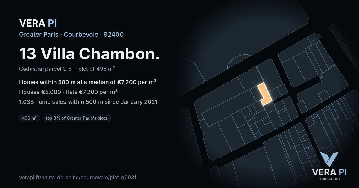 13 Villa Chambon, Courbevoie at night – the plot lit, the parcels around coloured by the prices near them