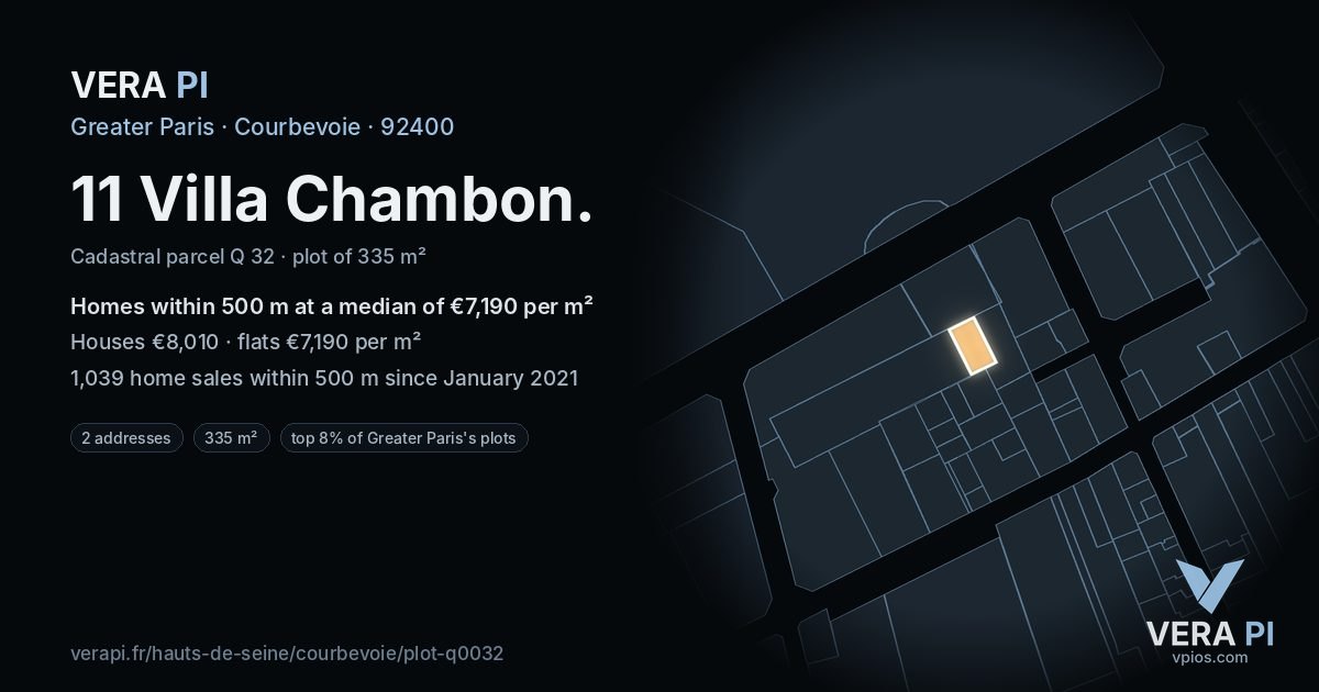 11 Villa Chambon, Courbevoie at night – the plot lit, the parcels around coloured by the prices near them