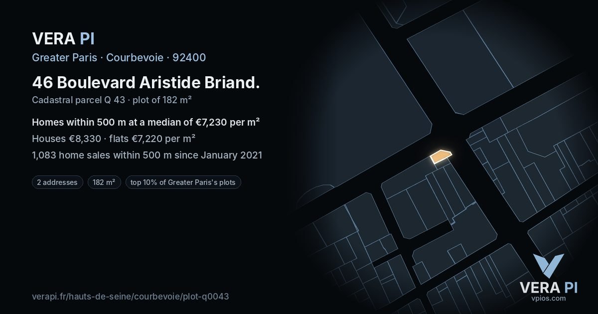 46 Boulevard Aristide Briand, Courbevoie at night – the plot lit, the parcels around coloured by the prices near them