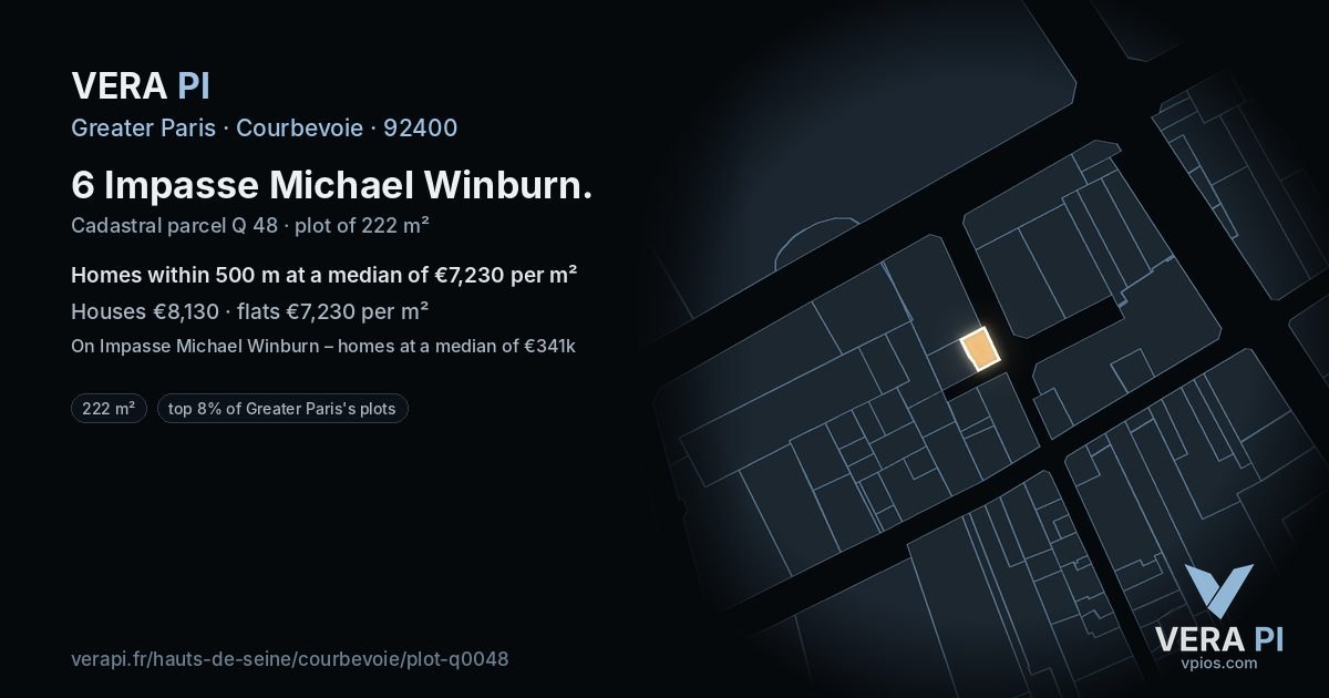 6 Impasse Michael Winburn, Courbevoie at night – the plot lit, the parcels around coloured by the prices near them