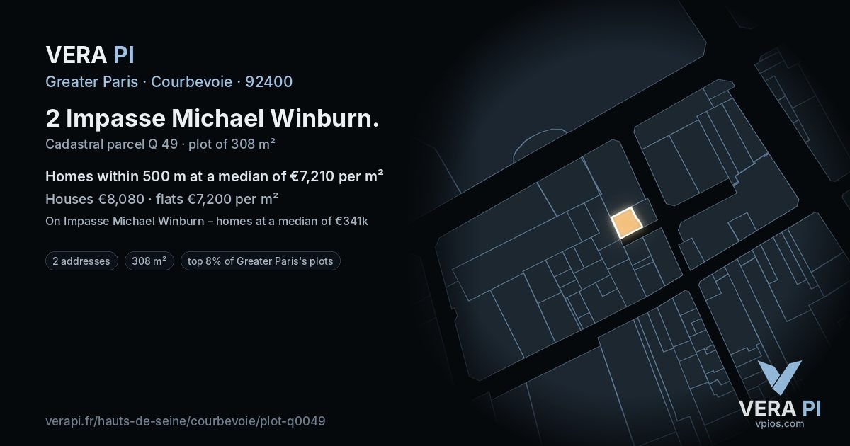 2 Impasse Michael Winburn, Courbevoie at night – the plot lit, the parcels around coloured by the prices near them