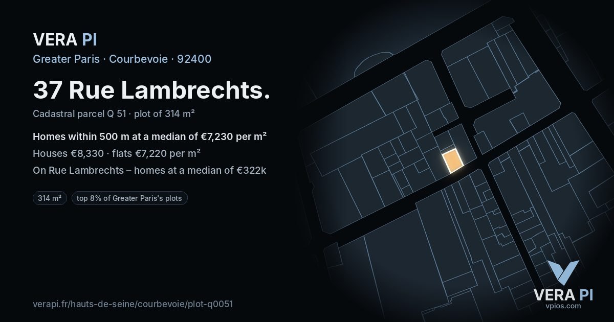 37 Rue Lambrechts, Courbevoie at night – the plot lit, the parcels around coloured by the prices near them