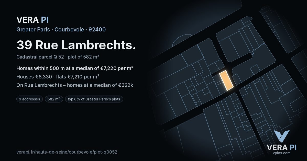 39 Rue Lambrechts, Courbevoie at night – the plot lit, the parcels around coloured by the prices near them
