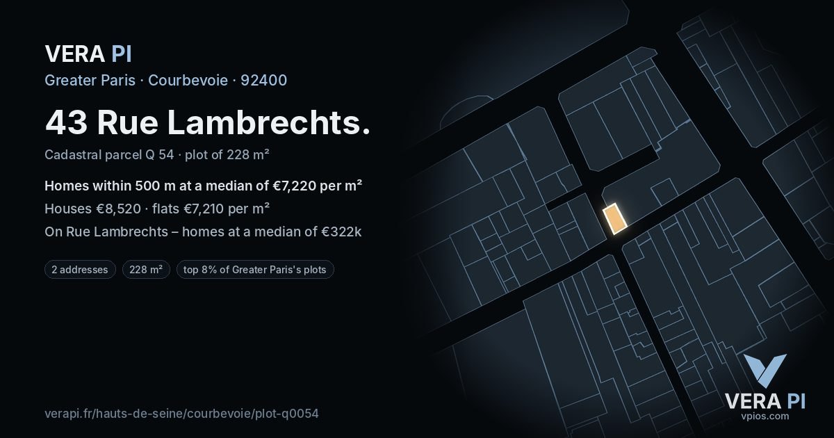 43 Rue Lambrechts, Courbevoie at night – the plot lit, the parcels around coloured by the prices near them