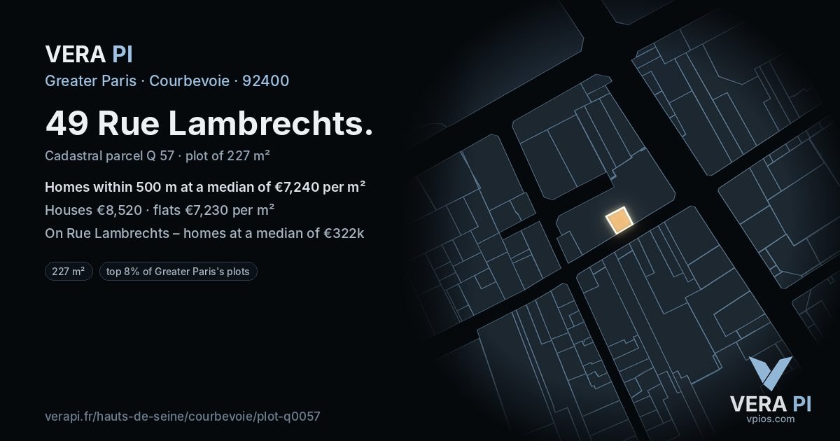 49 Rue Lambrechts, Courbevoie at night – the plot lit, the parcels around coloured by the prices near them