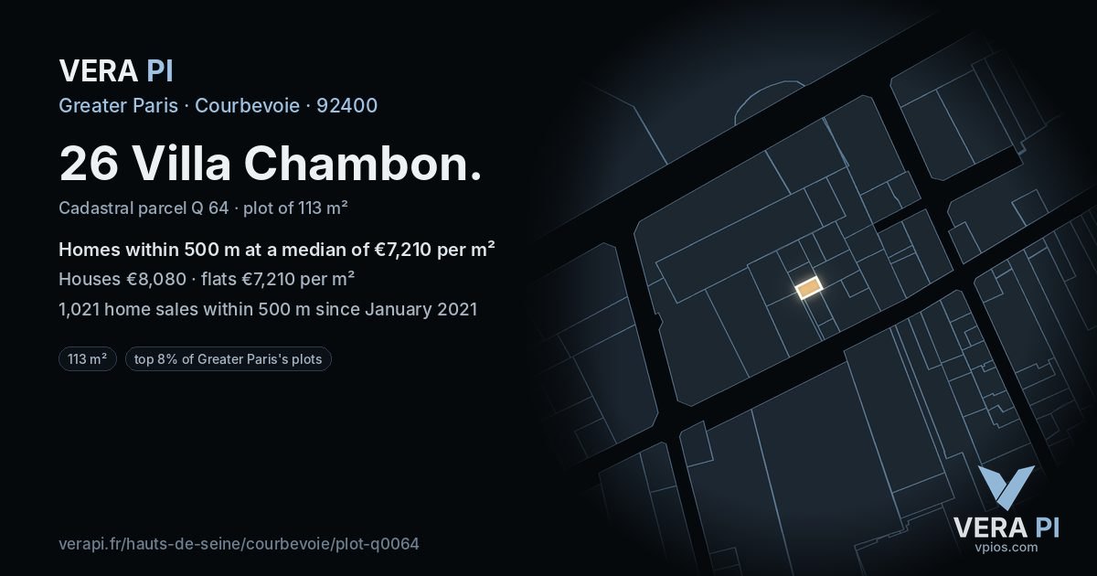 26 Villa Chambon, Courbevoie at night – the plot lit, the parcels around coloured by the prices near them