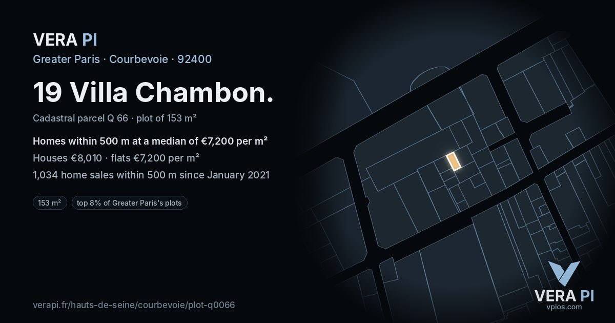 19 Villa Chambon, Courbevoie at night – the plot lit, the parcels around coloured by the prices near them