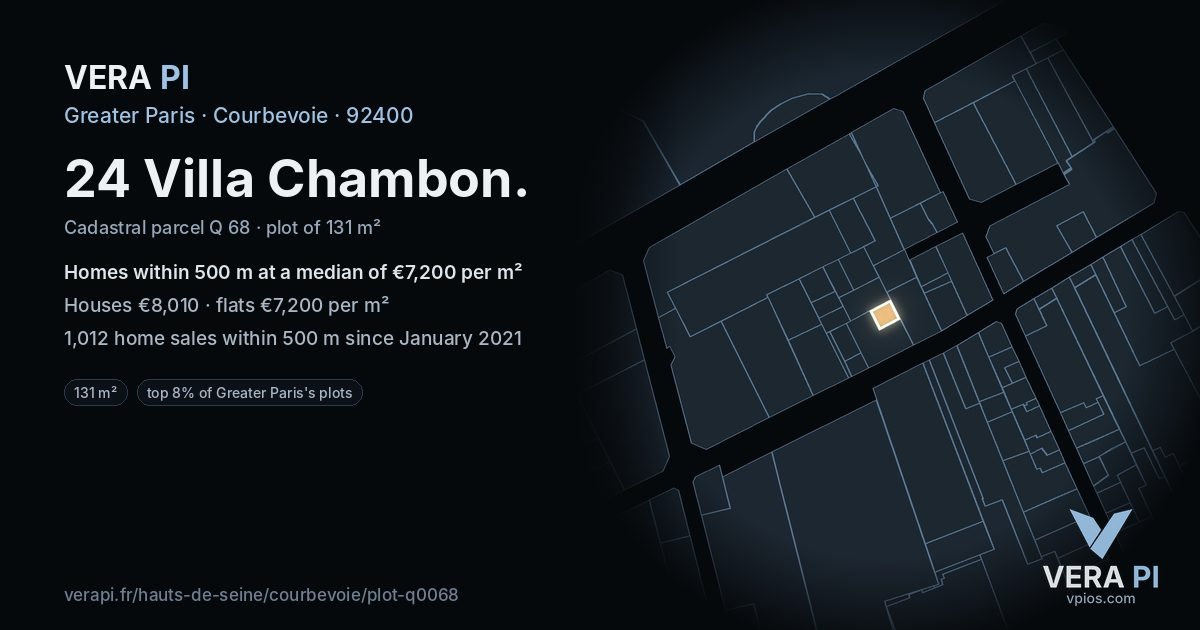 24 Villa Chambon, Courbevoie at night – the plot lit, the parcels around coloured by the prices near them