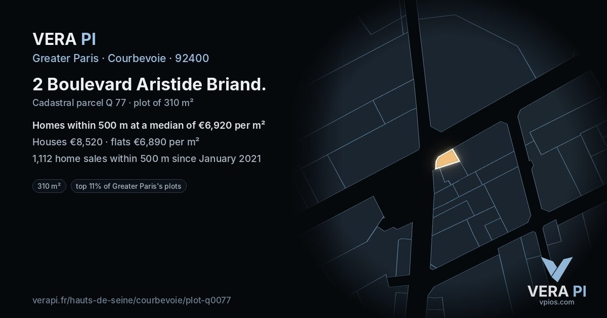 2 Boulevard Aristide Briand, Courbevoie at night – the plot lit, the parcels around coloured by the prices near them