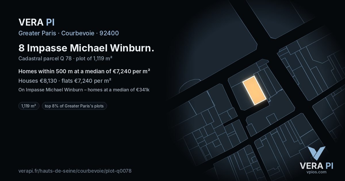 8 Impasse Michael Winburn, Courbevoie at night – the plot lit, the parcels around coloured by the prices near them
