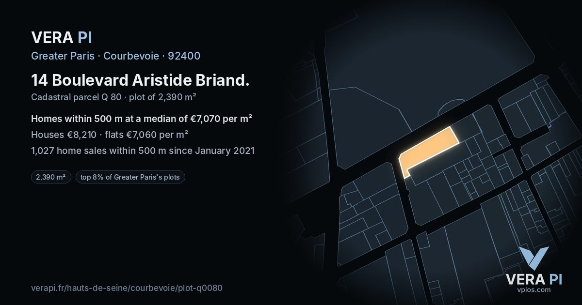 14 Boulevard Aristide Briand, Courbevoie at night – the plot lit, the parcels around coloured by the prices near them
