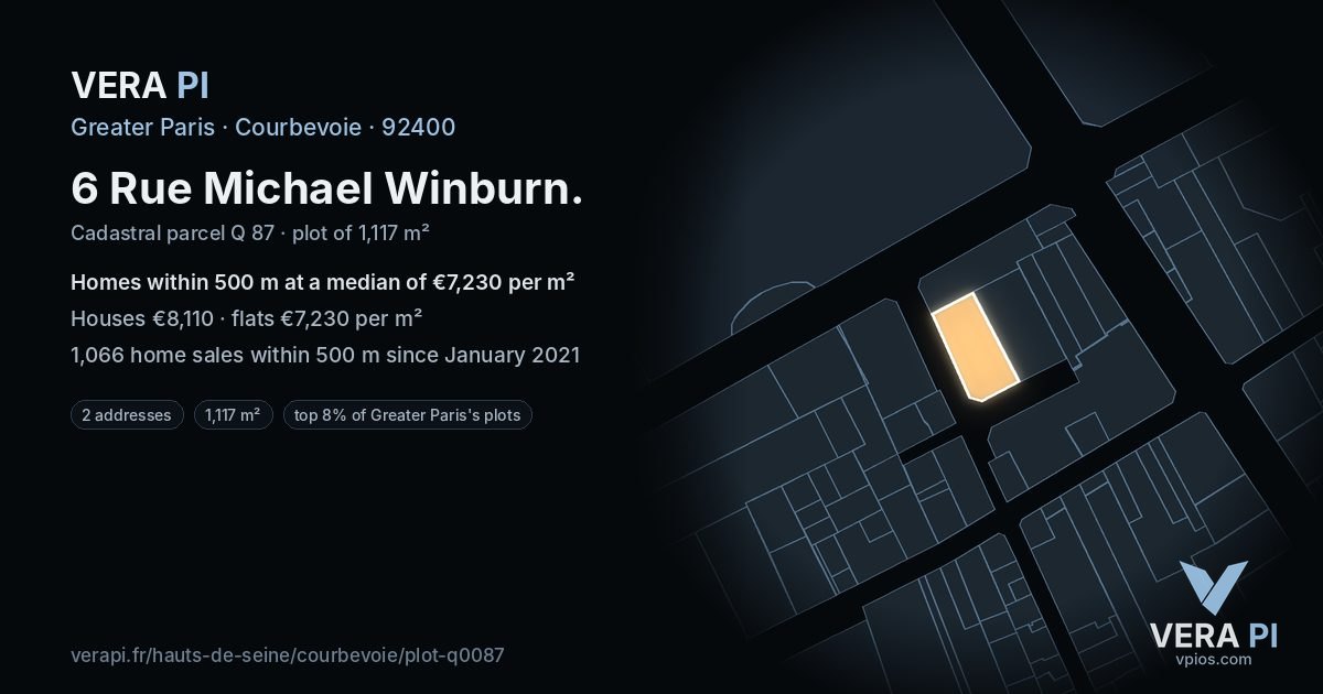 6 Rue Michael Winburn, Courbevoie at night – the plot lit, the parcels around coloured by the prices near them