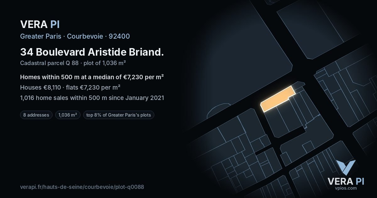 34 Boulevard Aristide Briand, Courbevoie at night – the plot lit, the parcels around coloured by the prices near them